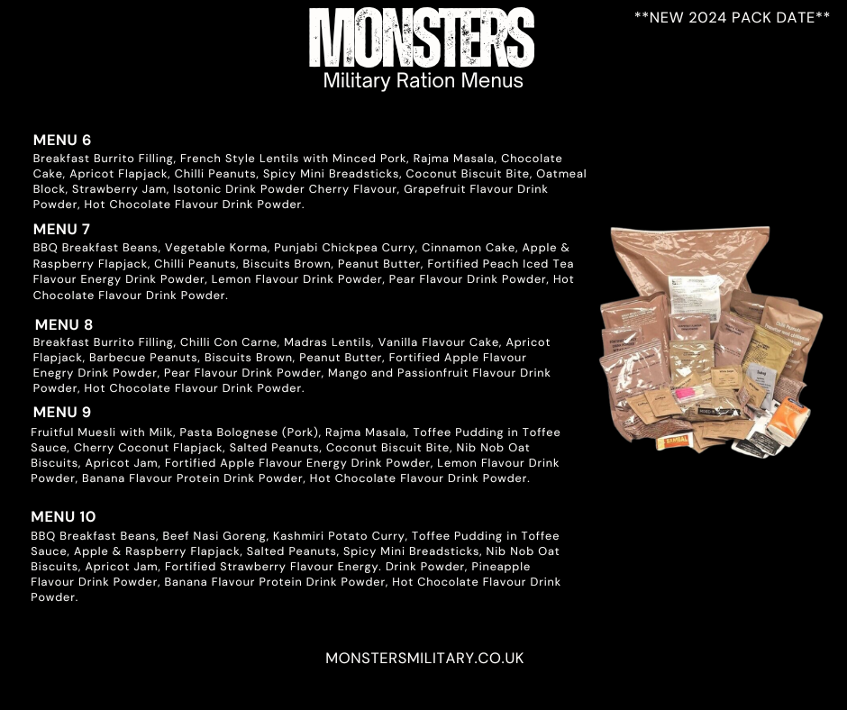 British Army Ration Packs 24hr Menus 1-10 **New 2024** – Monsters Military